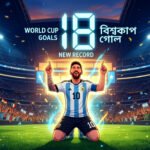 "An animated conceptual illustration of a football player celebrating a record-breaking goal in a stadium, symbolizing Messi's historic achievement in the World Cup."