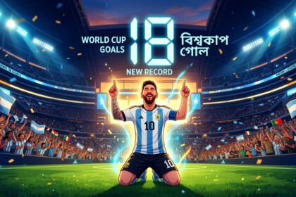 "An animated conceptual illustration of a football player celebrating a record-breaking goal in a stadium, symbolizing Messi's historic achievement in the World Cup."