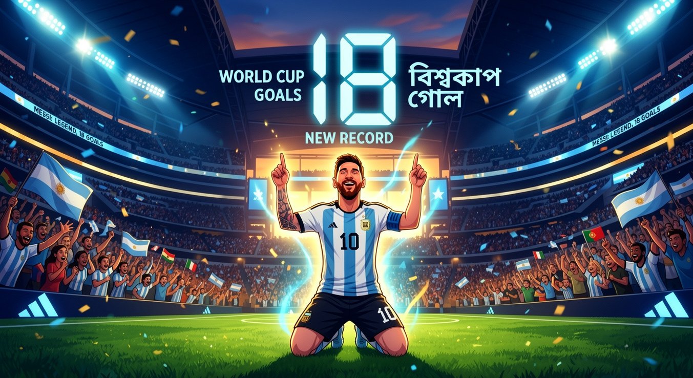"An animated conceptual illustration of a football player celebrating a record-breaking goal in a stadium, symbolizing Messi's historic achievement in the World Cup."