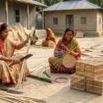 "Artisans in a rural Bangladeshi village crafting traditional bamboo winnowing fans and poultry cages, highlighting local heritage and craftsmanship."