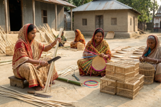 "Artisans in a rural Bangladeshi village crafting traditional bamboo winnowing fans and poultry cages, highlighting local heritage and craftsmanship."