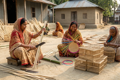 "Artisans in a rural Bangladeshi village crafting traditional bamboo winnowing fans and poultry cages, highlighting local heritage and craftsmanship."