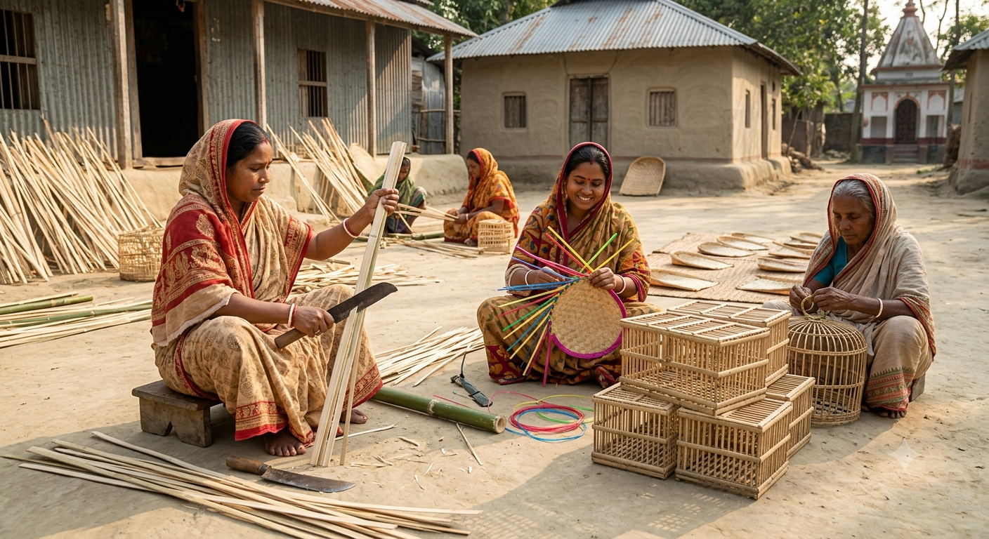 "Artisans in a rural Bangladeshi village crafting traditional bamboo winnowing fans and poultry cages, highlighting local heritage and craftsmanship."