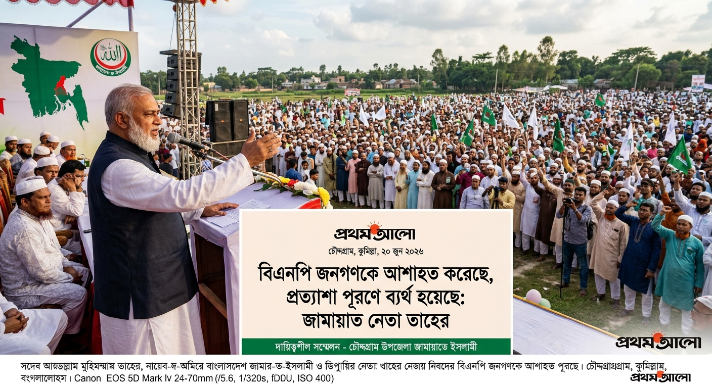 Photo of Jamaat-e-Islami Nayeb-e-Amir Syed Abdullah Muhammad Taher speaking as the chief guest at a party conference in Chauddagram, Comilla, surrounded by local leaders and activists on stage.