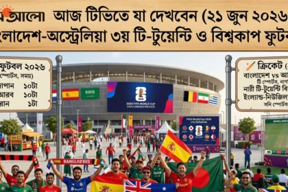 Infographic background image showcasing football and cricket graphics, containing Bangladesh vs Australia T20 match promo and World Cup Football 2026 match schedule list for June 21, 2026.