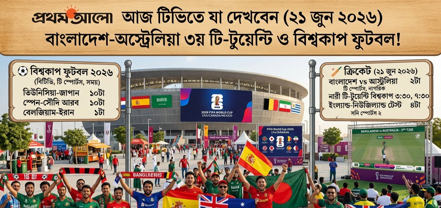 Infographic background image showcasing football and cricket graphics, containing Bangladesh vs Australia T20 match promo and World Cup Football 2026 match schedule list for June 21, 2026.