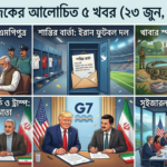 "A collage image showcasing the top 5 news highlights for June 23, 2026, including political updates, international sports news, and diplomatic discussions between the USA and Iran."