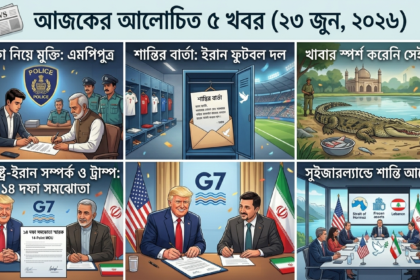 "A collage image showcasing the top 5 news highlights for June 23, 2026, including political updates, international sports news, and diplomatic discussions between the USA and Iran."