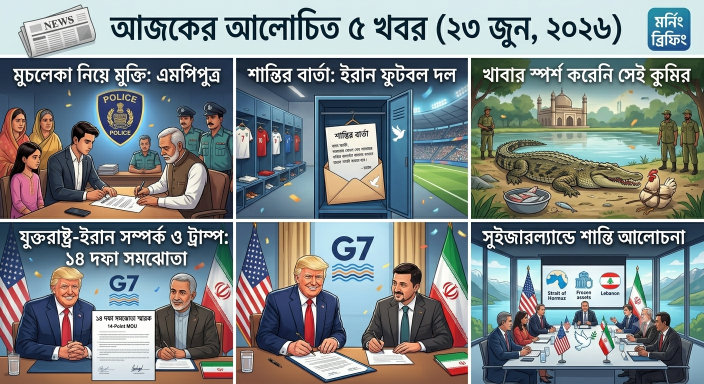 "A collage image showcasing the top 5 news highlights for June 23, 2026, including political updates, international sports news, and diplomatic discussions between the USA and Iran."