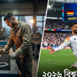 Illustration depicting the inspiring journey of German footballer Deniz Undav, contrasting a factory worker background with scoring a crucial goal in a stadium at the 2026 World Cup.