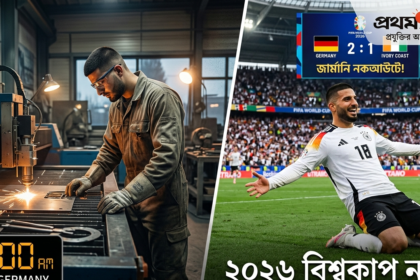 Illustration depicting the inspiring journey of German footballer Deniz Undav, contrasting a factory worker background with scoring a crucial goal in a stadium at the 2026 World Cup.