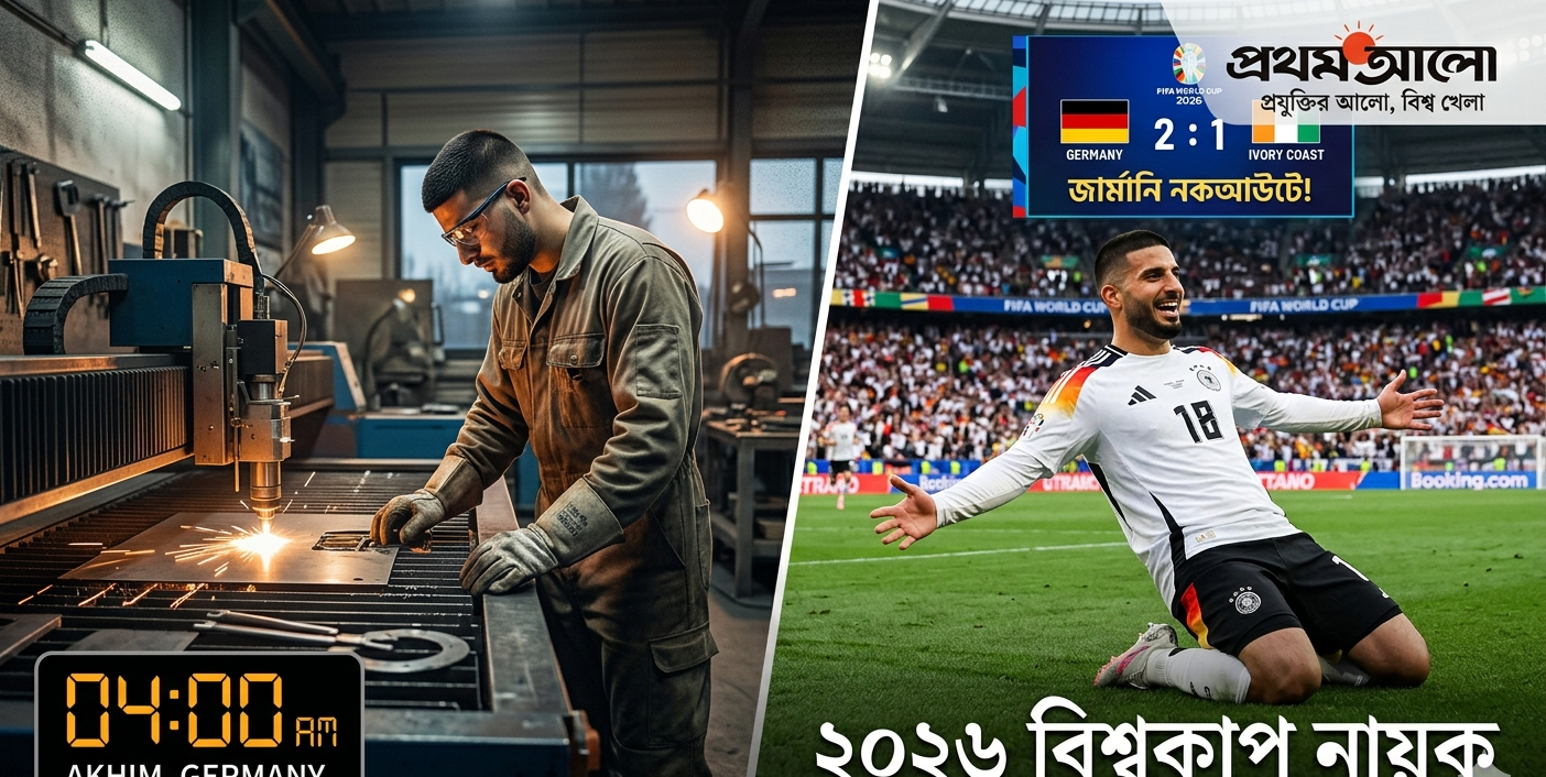 Illustration depicting the inspiring journey of German footballer Deniz Undav, contrasting a factory worker background with scoring a crucial goal in a stadium at the 2026 World Cup.