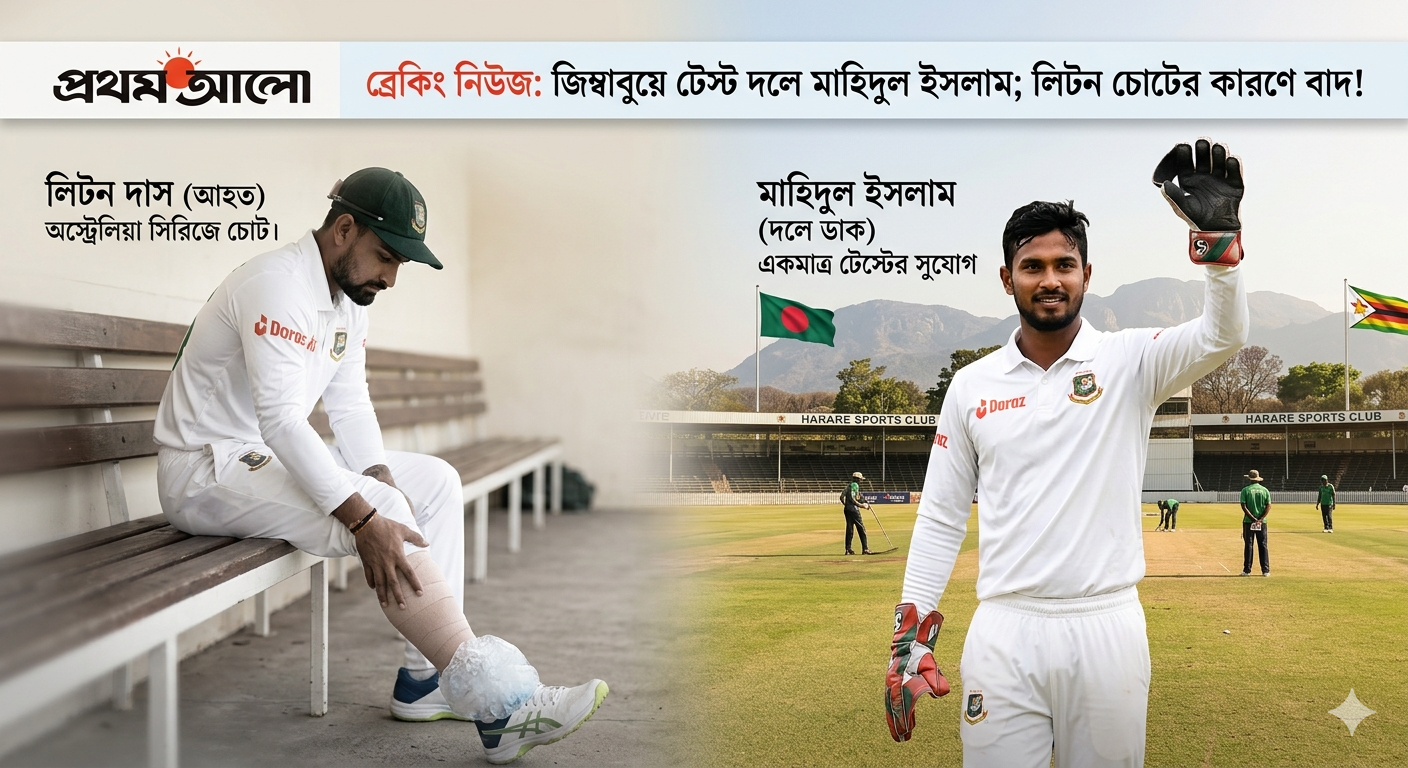 Graphic image showing a split view of Bangladeshi cricketer Litton Das sitting injured and wicketkeeper-batsman Mahidul Islam in national test jersey, highlighting the player replacement for the Zimbabwe tour.