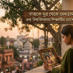 A touching visual representation of a young girl observing her father in traditional white attire from a distance, blended with nostalgic childhood memories of family love, perfect for a Father's Day feature.