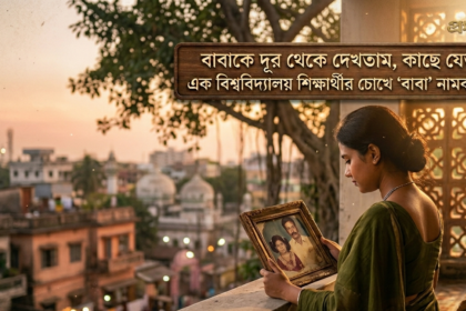 A touching visual representation of a young girl observing her father in traditional white attire from a distance, blended with nostalgic childhood memories of family love, perfect for a Father's Day feature.