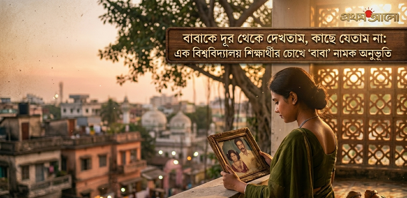 A touching visual representation of a young girl observing her father in traditional white attire from a distance, blended with nostalgic childhood memories of family love, perfect for a Father's Day feature.