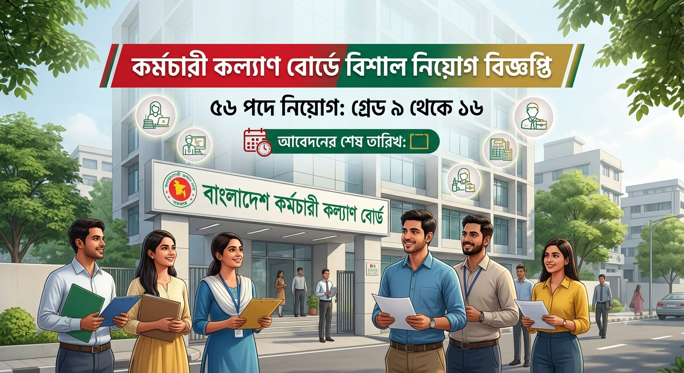 "A professional job recruitment circular notice for the Bangladesh Employees Welfare Board, listing various job vacancies from Grade 9 to 16, displayed in a clear and organized format."