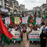 "Activists of Gono Odhikar Parishad staging a protest march in Dhaka to demand political accountability and protest against anarchy."