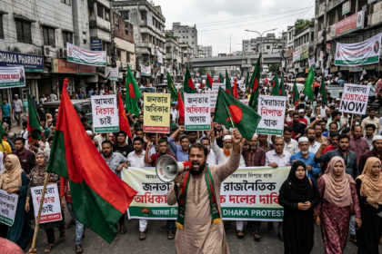 "Activists of Gono Odhikar Parishad staging a protest march in Dhaka to demand political accountability and protest against anarchy."
