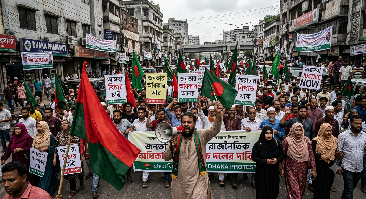"Activists of Gono Odhikar Parishad staging a protest march in Dhaka to demand political accountability and protest against anarchy."