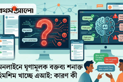 Illustration depicting various AI logos and chat monitors scanning text, highlighting the technical challenges artificial intelligence faces in detecting hidden or implied hate speech on smartphones.