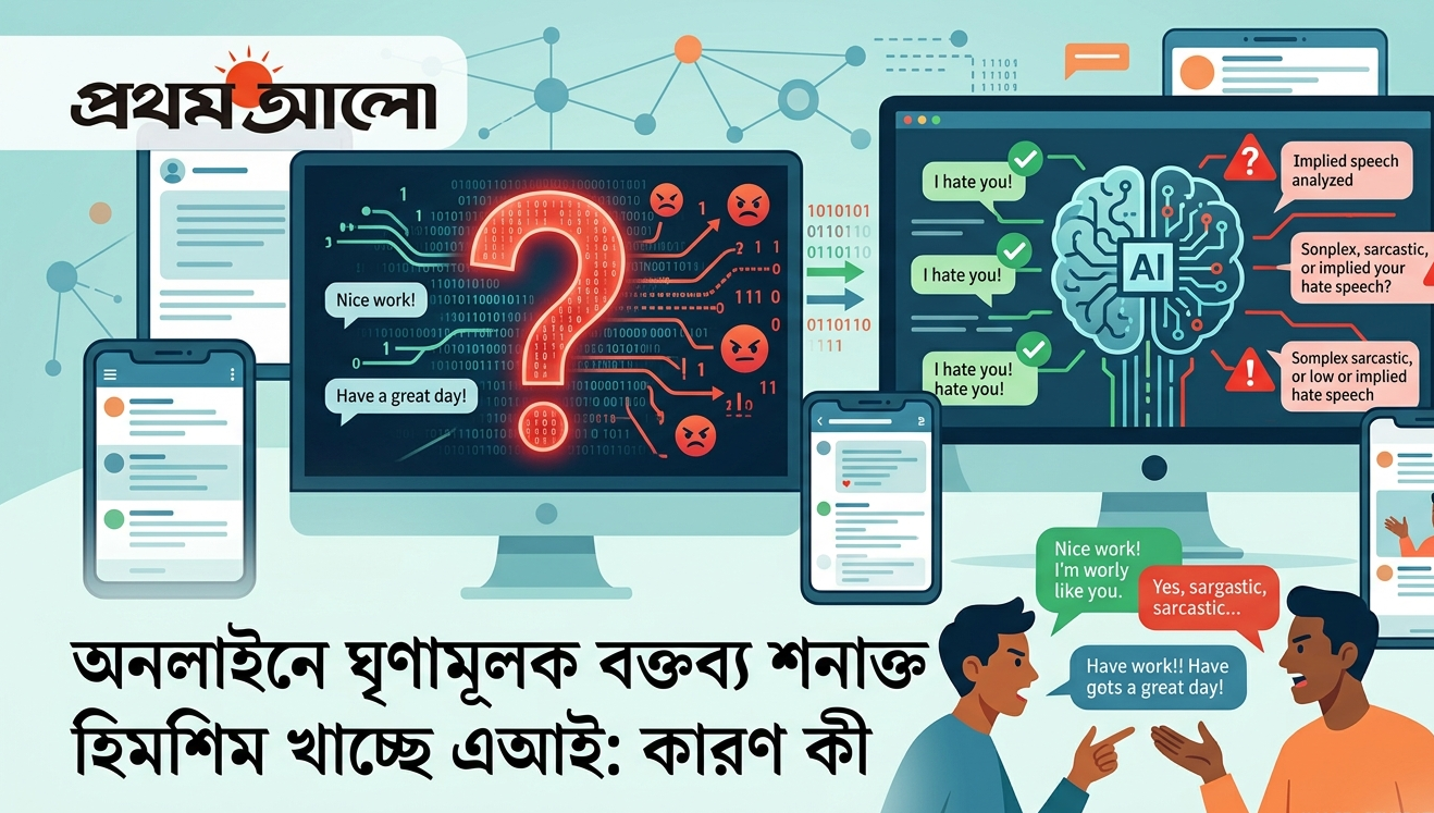 Illustration depicting various AI logos and chat monitors scanning text, highlighting the technical challenges artificial intelligence faces in detecting hidden or implied hate speech on smartphones.