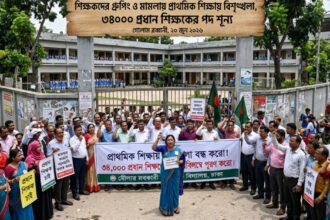 This is a news story illustration from the Bengali daily newspaper 'Prothom Alo'. It shows a large protest of primary school teachers and staff outside a Bangladeshi school building. A large wooden banner above the crowd features the newspaper's logo and the primary headline in Bengali: "Teachers' grouping and legal cases disrupt primary education, 34,000 headmaster posts vacant." It also lists the reporter "Golam Rabbani" and date "June 20, 2026." Teachers hold banners demanding resolutions, including a central one that reads, "Solve primary education crisis, fill 34,000 headmaster positions immediately!" Smaller signs read "Stop politics" and "Justice." Students watch from school windows.