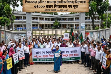 This is a news story illustration from the Bengali daily newspaper 'Prothom Alo'. It shows a large protest of primary school teachers and staff outside a Bangladeshi school building. A large wooden banner above the crowd features the newspaper's logo and the primary headline in Bengali: "Teachers' grouping and legal cases disrupt primary education, 34,000 headmaster posts vacant." It also lists the reporter "Golam Rabbani" and date "June 20, 2026." Teachers hold banners demanding resolutions, including a central one that reads, "Solve primary education crisis, fill 34,000 headmaster positions immediately!" Smaller signs read "Stop politics" and "Justice." Students watch from school windows.