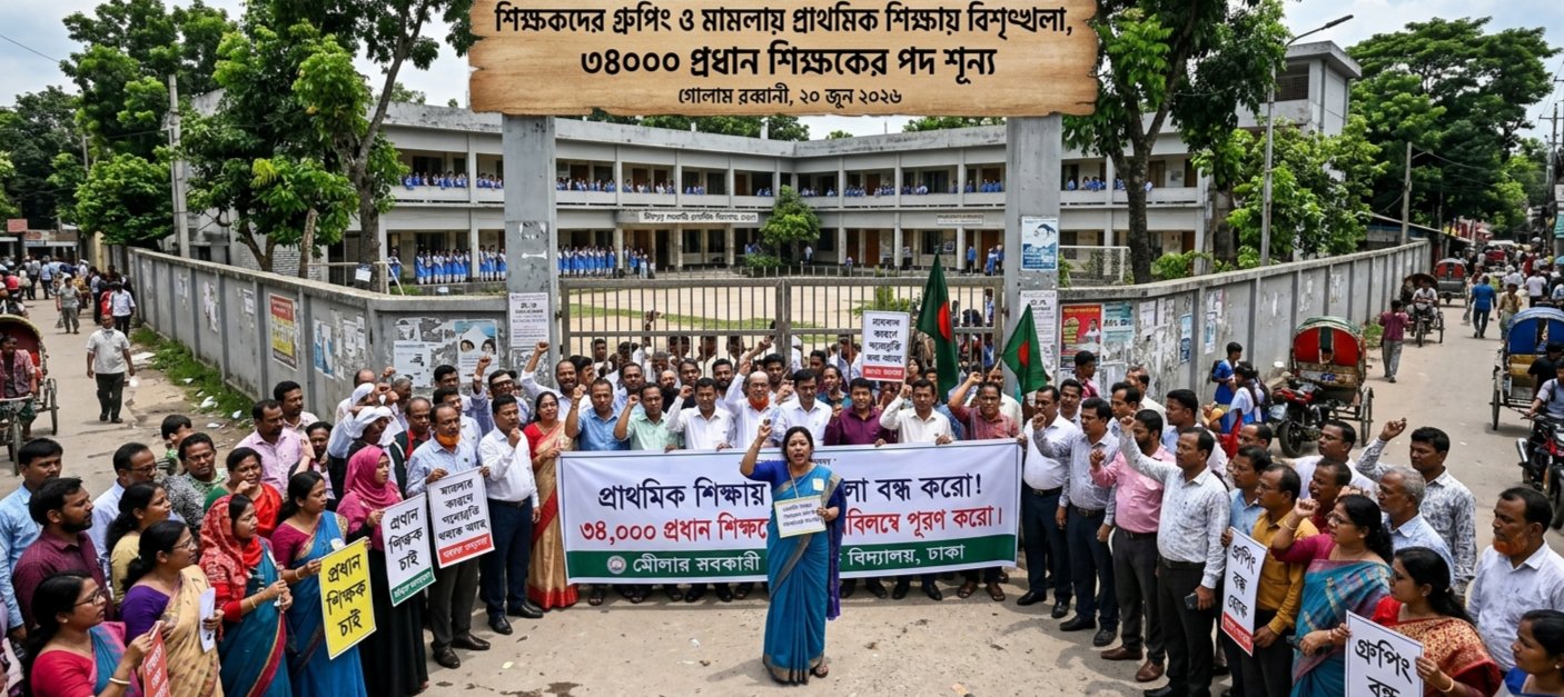 This is a news story illustration from the Bengali daily newspaper 'Prothom Alo'. It shows a large protest of primary school teachers and staff outside a Bangladeshi school building. A large wooden banner above the crowd features the newspaper's logo and the primary headline in Bengali: "Teachers' grouping and legal cases disrupt primary education, 34,000 headmaster posts vacant." It also lists the reporter "Golam Rabbani" and date "June 20, 2026." Teachers hold banners demanding resolutions, including a central one that reads, "Solve primary education crisis, fill 34,000 headmaster positions immediately!" Smaller signs read "Stop politics" and "Justice." Students watch from school windows.
