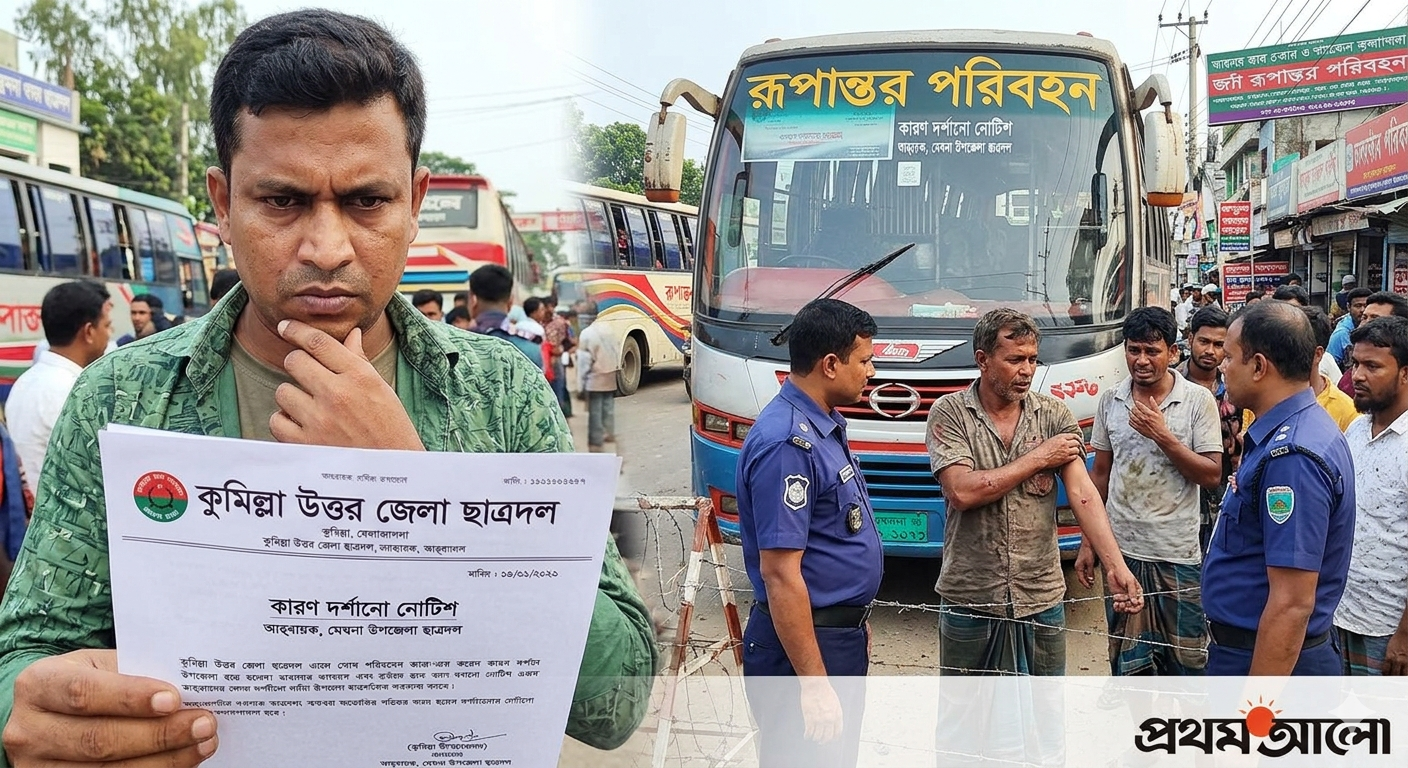 "A composite news image showing a man reading a show-cause notice from Cumilla North District Chhatra Dal on the left, and police officers investigating an assault incident next to a 'Rupantor Paribahan' bus with an injured man on the right. Representing the news of a Chhatra Dal leader being show-caused in Meghna, Cumilla."