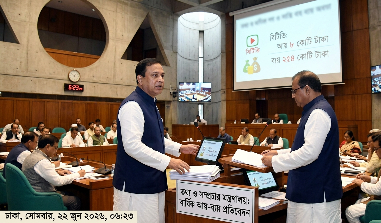 "Inside view of the Bangladesh National Parliament session where the Information Minister is presenting the annual financial report of state-owned media organizations."