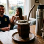 "A traditional Argentine Yerba Mate drink in a wooden calabash gourd with a metallic bombilla straw, placed on a wooden table, with Lionel Messi and his family blurred in the background, capturing the cultural lifestyle."