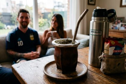 "A traditional Argentine Yerba Mate drink in a wooden calabash gourd with a metallic bombilla straw, placed on a wooden table, with Lionel Messi and his family blurred in the background, capturing the cultural lifestyle."