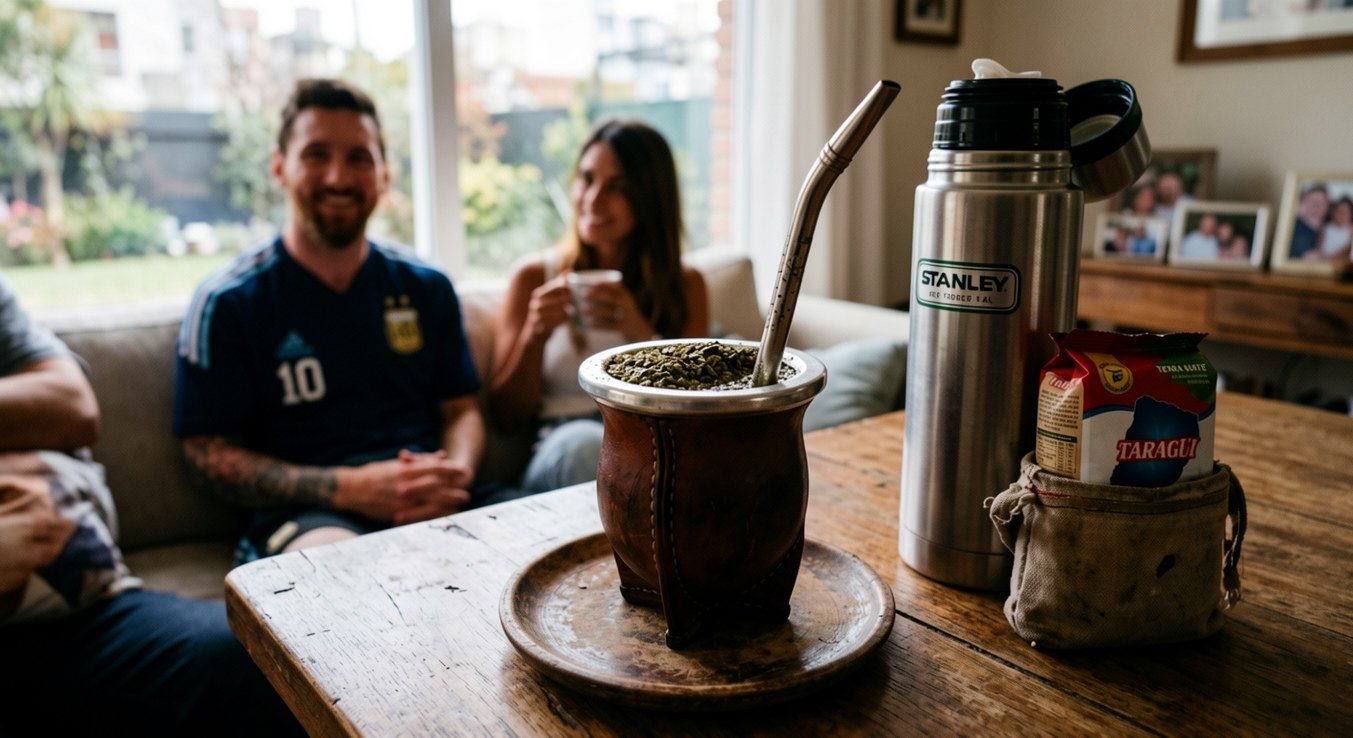 "A traditional Argentine Yerba Mate drink in a wooden calabash gourd with a metallic bombilla straw, placed on a wooden table, with Lionel Messi and his family blurred in the background, capturing the cultural lifestyle."