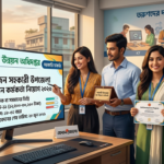 "Department of Youth Development (DYD) job circular 2026 displayed on a monitor, showing vacancies for 242 Assistant Upazila Youth Development Officers, with cheerful young job seekers looking at the screen in a modern office setting."