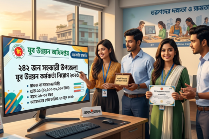 "Department of Youth Development (DYD) job circular 2026 displayed on a monitor, showing vacancies for 242 Assistant Upazila Youth Development Officers, with cheerful young job seekers looking at the screen in a modern office setting."