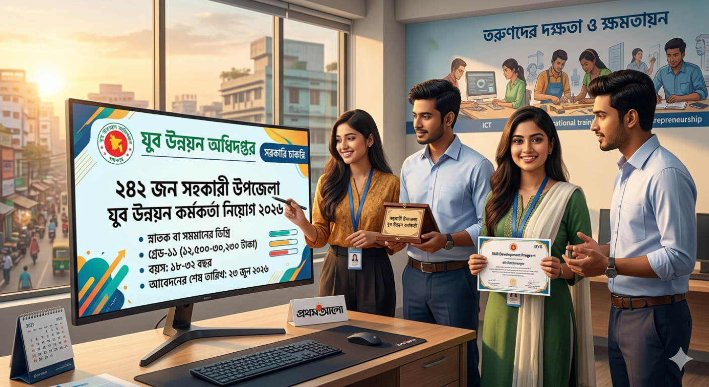 "Department of Youth Development (DYD) job circular 2026 displayed on a monitor, showing vacancies for 242 Assistant Upazila Youth Development Officers, with cheerful young job seekers looking at the screen in a modern office setting."