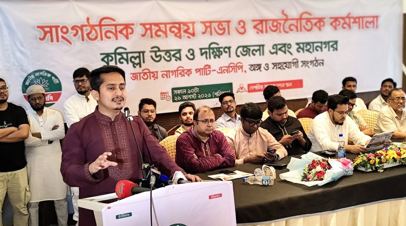 কুমিল্লায় এনসিপির সাংগঠনিক সভা ও রাজনৈতিক কর্মশালায় বক্তব্য দিচ্ছেন সারজিস আলম