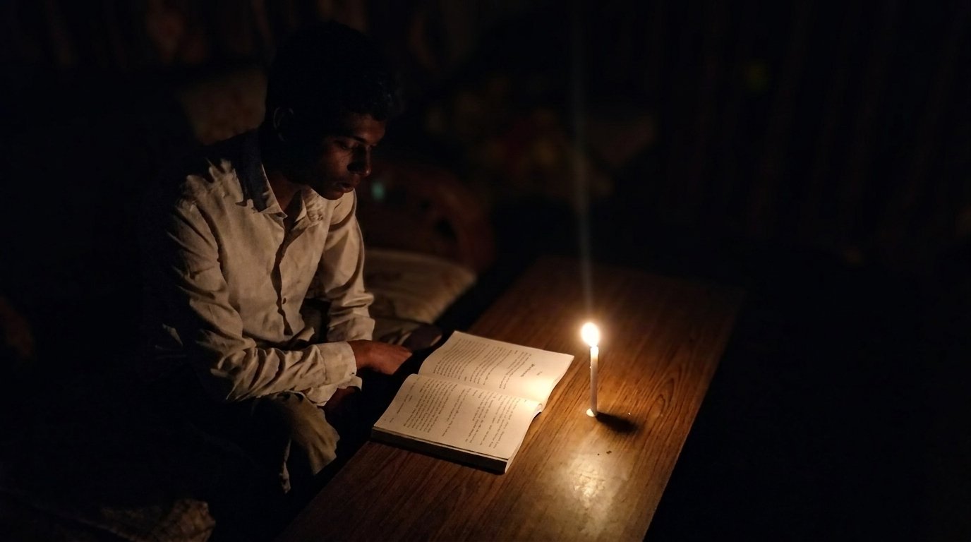 বাংলাদেশে বিদ্যুৎ ঘাটতির কারণে লোডশেডিংয়ের মধ্যে অন্ধকারে থাকা একটি এলাকা।