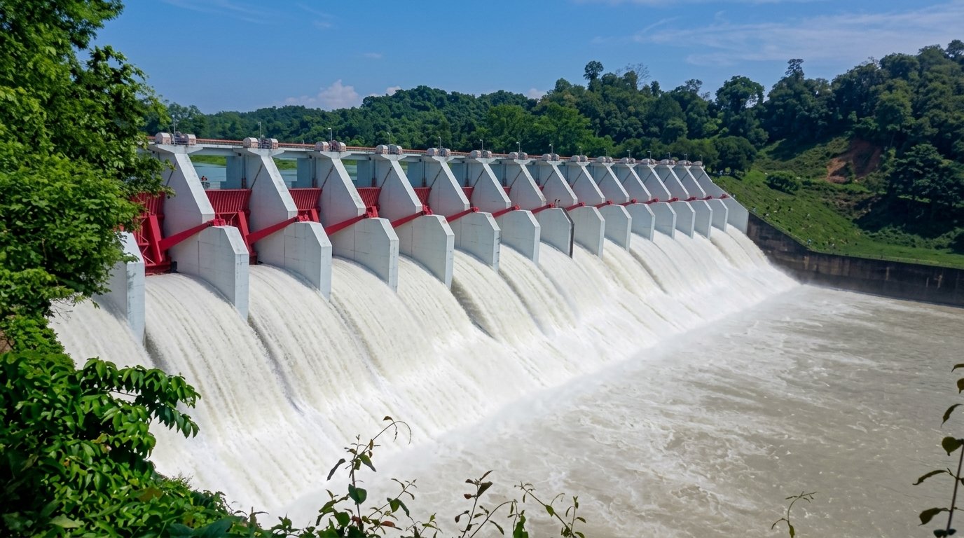 কাপ্তাই হ্রদের পানি বৃদ্ধি পাওয়ায় অতিরিক্ত পানি নিষ্কাশনের প্রস্তুতিতে কাপ্তাই বাঁধের স্পিলওয়ের জলকপাট।